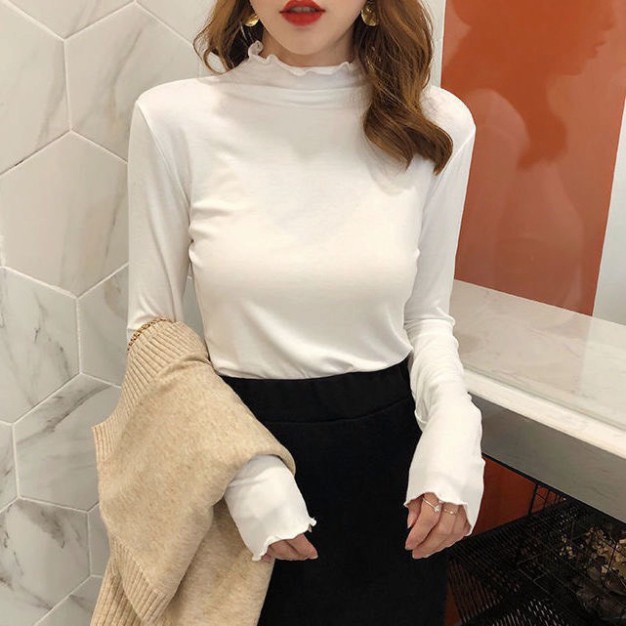 Áo Phông Trơn Cổ Sóng, Áo Thun Dài Tay Cute Dễ Thương Phong Cách Hàn Quốc - HÀNG MỚI VỀ