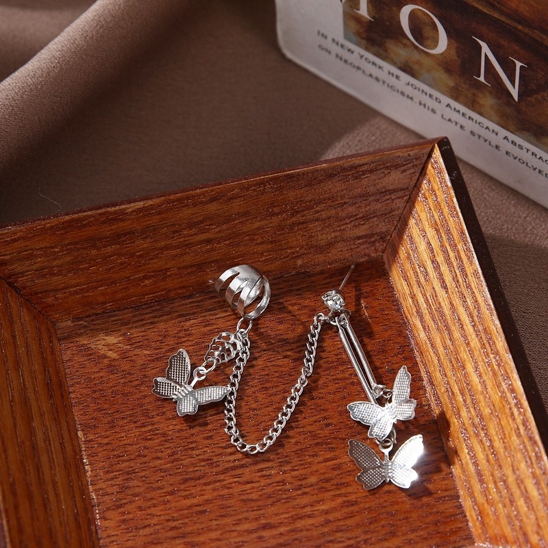 Khuyên Kẹp Vành Tai Dây Xích Kim Loại Hình Bướm Hình Học Cá Tính Phong Cách Hàn Quốc