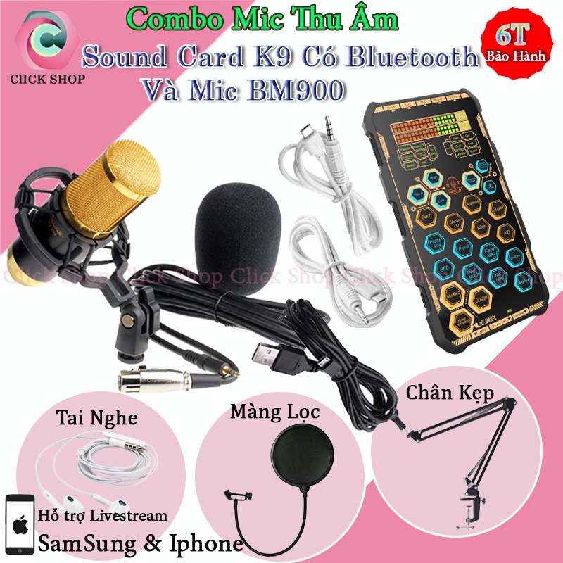 Bộ Mic Thu Âm Livestream BM900 Và Sound Card k9 Có Autotune tích pin bluetooth đi kèm chân kẹp màng lọc tai nghe