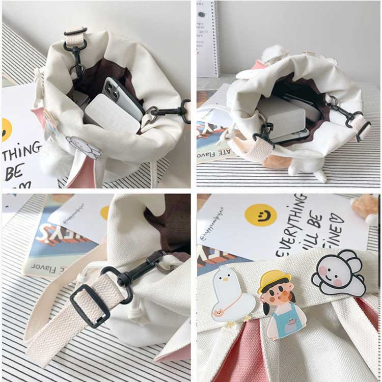 Túi đeo chéo vải canvas phối dây rút tai thỏ dễ thương cho nữ sinh