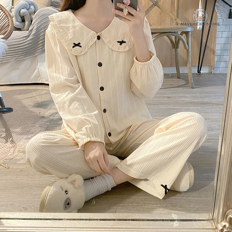 Bộ đồ ngủ dáng dài đính nơ kiểu dáng đáng yêu thời trang Hàn Quốc