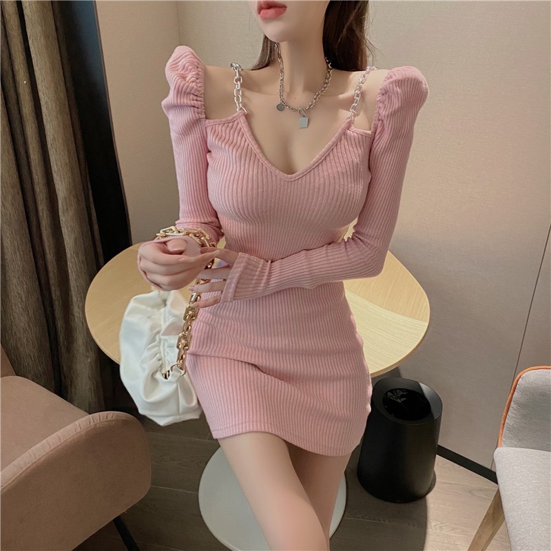 Đầm Dài Tay Cổ Chữ V Ôm Dáng Phối Dây Xích Thời Trang Dành Cho Nữ