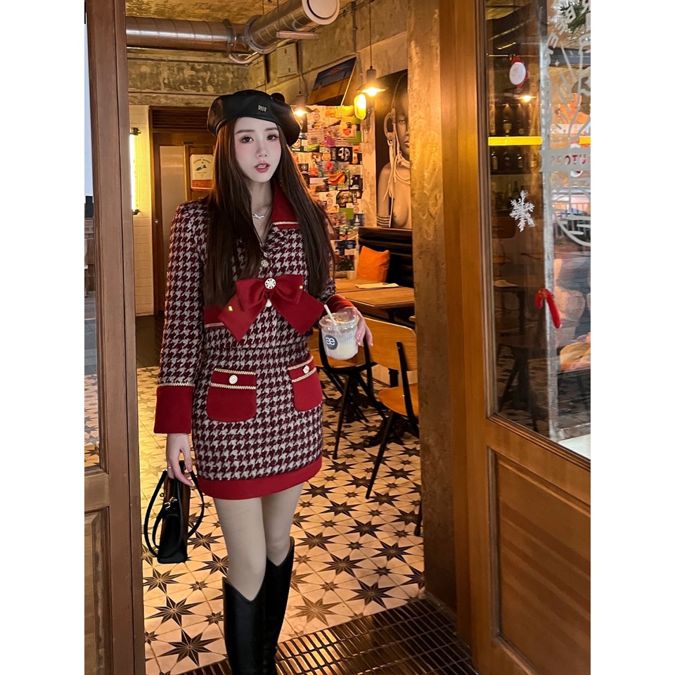 set dạ tweed nơ nhung đỏ