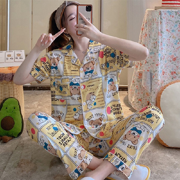 Bộ Đồ Ngủ Tay Ngắn Vải Cotton In Họa Tiết Thời Trang Xinh Xắn Cho Nữ