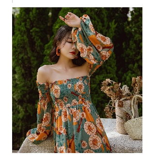 (video ảnh thật)Đầm Trễ Vai Phong Cách Boho Vintage