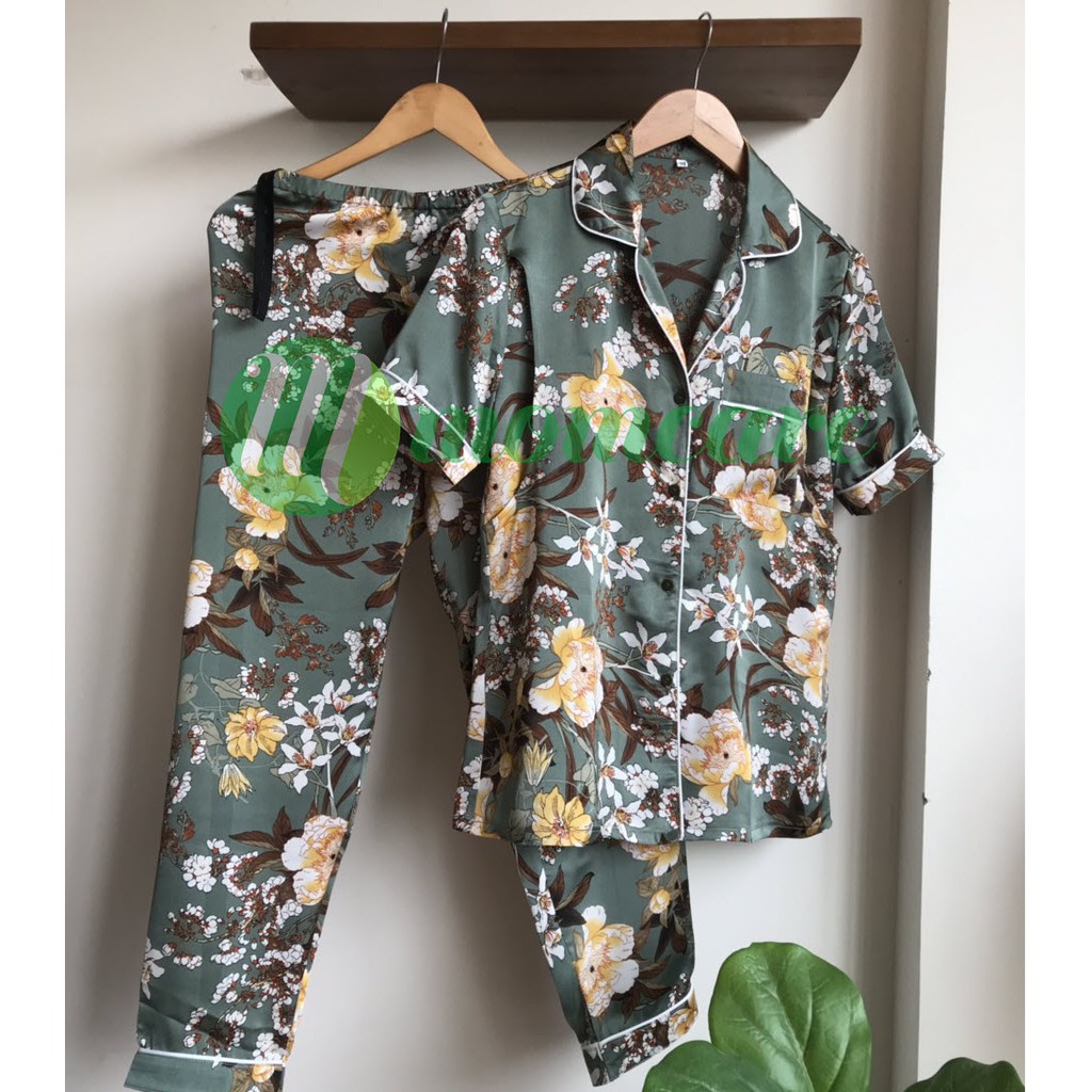 Bộ đồ bầu, sau sinh cho con bú_Pijama lụa áo cộc quần dài (Hàng chuẩn đẹp)