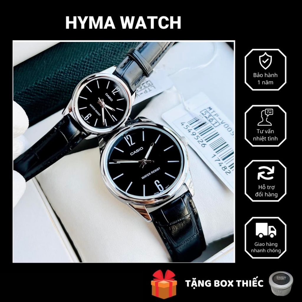 Đồng hồ nam nữ - Đồng hồ đôi dây da mặt đen Casio V005L-1B chống nước 3ATM Bảo hành 1 năm Hyma watch