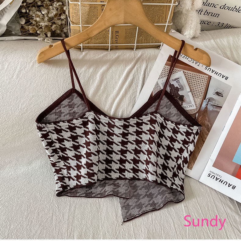 Áo Dệt Kim Hai Dây Sọc Ca Rô Thời Trang Mùa Hè Hàn Quốc Cho Nữ