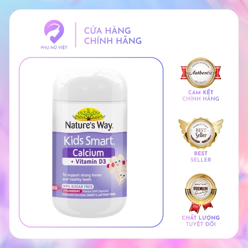 Viên Nhai Cho Bé Nature’s Way Kids Smart Calcium + Vitamin D3 Burstlets Bổ Sung Canxi Giúp Bé Phát Triển Chiều Cao 50 Vi