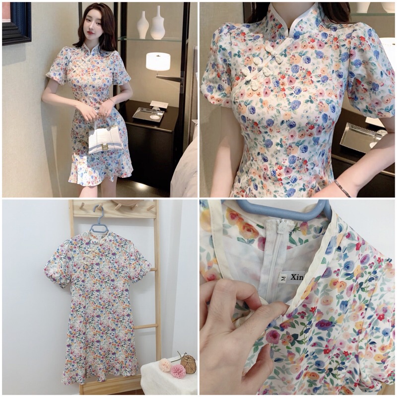 Sườn xám xanh lá boho caro có BIG SIZE