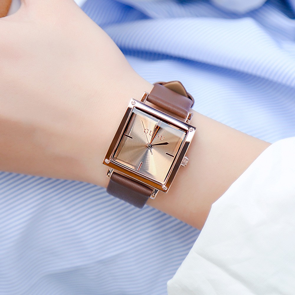 Đồng hồ nữ đeo tay dây da Guou mặt vuông chính hãng chống nước tuyệt đối 8096
