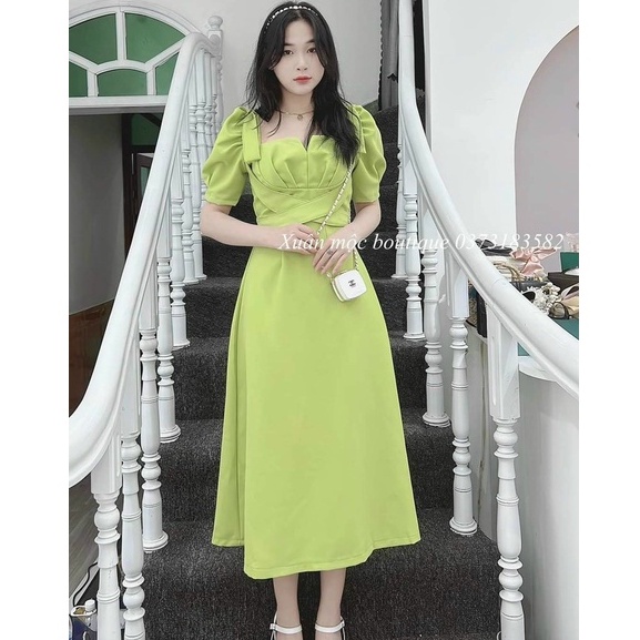 Đầm Dự Tiệc Thiết Kế Dáng Xòe Tay Phồng Cổ Vuông Cách Điệu 2 Dây Đan Chéo Xinh Sắn Thời Trang Váy Nữ Xm Minh Phúc
