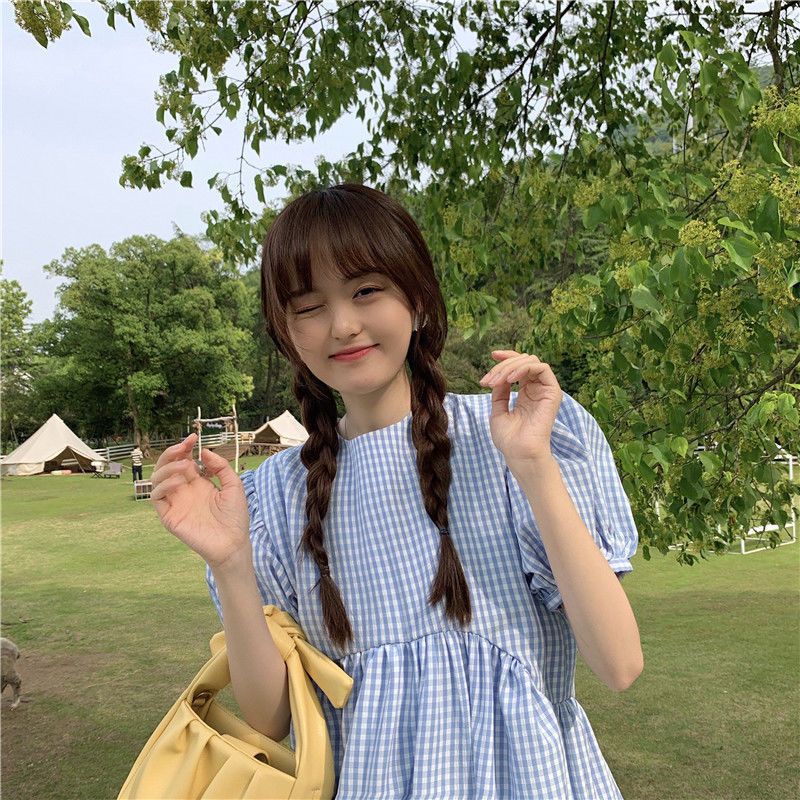 Váy babydoll Đầm Dáng Rộng Tay Phồng Họa Tiết Kẻ Sọc Màu Xanh Dương Ngọt Ngào Phong Cách Hàn Quốc Thời Trang Mùa Hè Cho Nữ