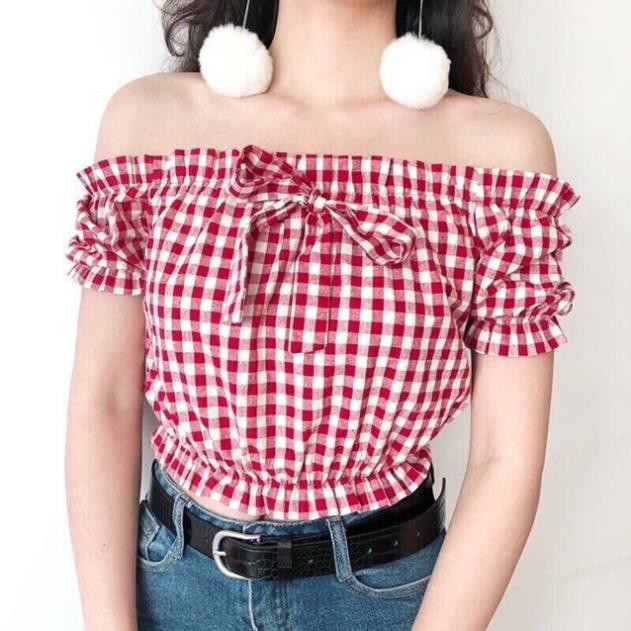 Áo kiểu croptop bẹt vai caro Đẹp 💝