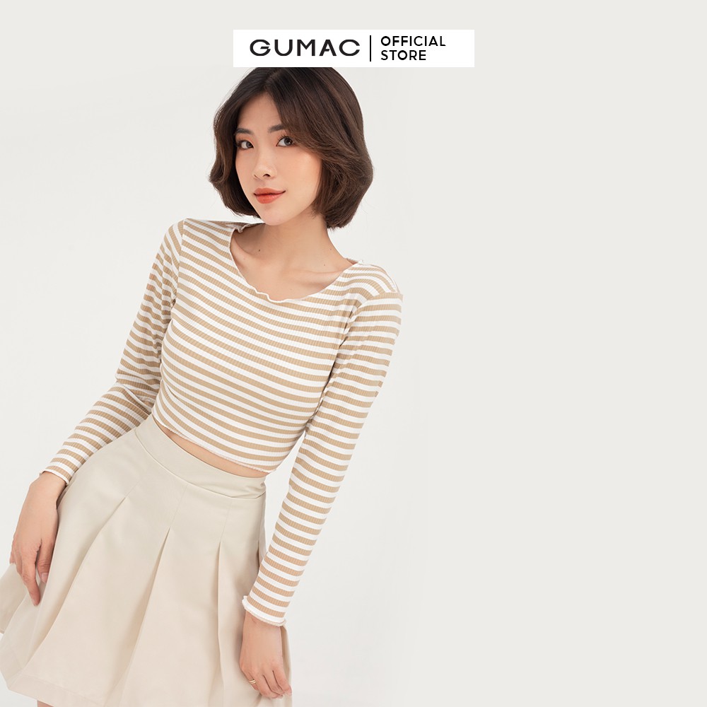 Áo thun nữ croptop tay dài GUMAC họa tiết sọc ngang ôm body ATB412