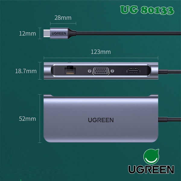 HUB USB C 10 in 1 UGREEN 80133 USB C to 3 USB 3.0 + HDMI 4K + VGA + RJ45 Gigabit + SD/TF + Audio 3.5mm + PD Power Delive