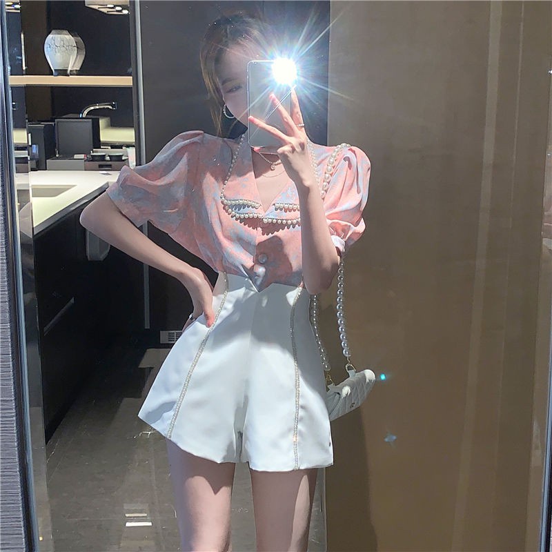 Set áo sơ mi voan tay phồng ngắn và quần short lưng cao ống rộng thời trang mùa hè Hàn Quốc
