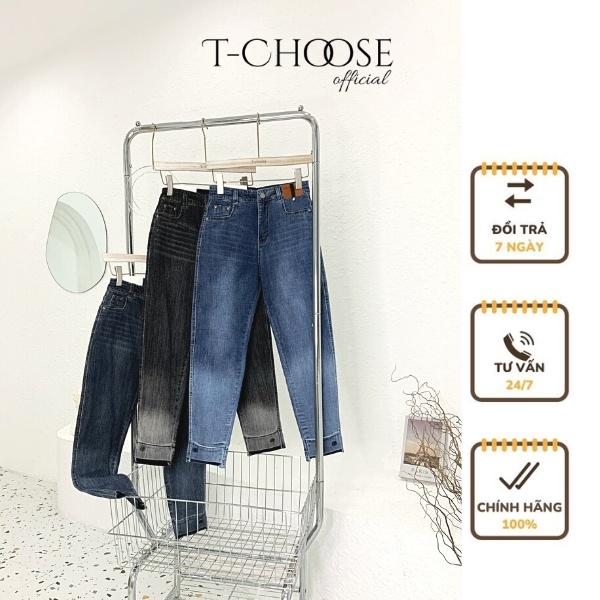 Quần Tchoose, quần jeans ống đứng nhiều màu chất co giãn, logo dập nổi - T163