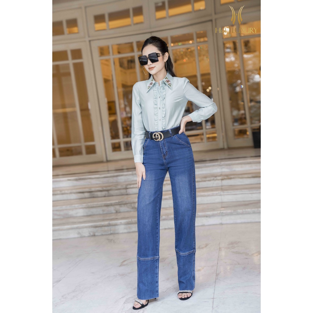 Quần jeans suông xanh can gấu đậm - Thời trang nữ H&H Luxury