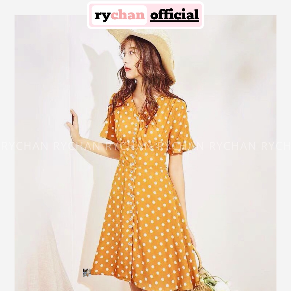 [ẢNH THẬT CUỐI] Đầm Xoè Chấm Bi Vàng Cổ Tim Nhún Eo - DX049