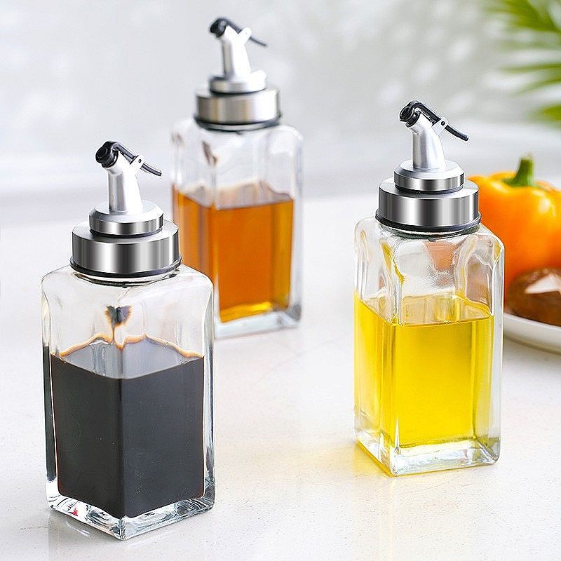 Chai Lọ Bình Đựng Gia Vị Thủy Tinh 150ML đến 500ML Thân Vuông Vòi Rót Bấm Tay Trong Nhà Bếp