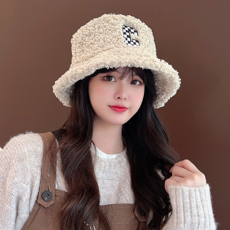Mũ Lông CừuFREESHIPMũ bucket lông cừu phong cách Hàn Quốc mềm mại hoạ tiết chữ C [ D706 ]