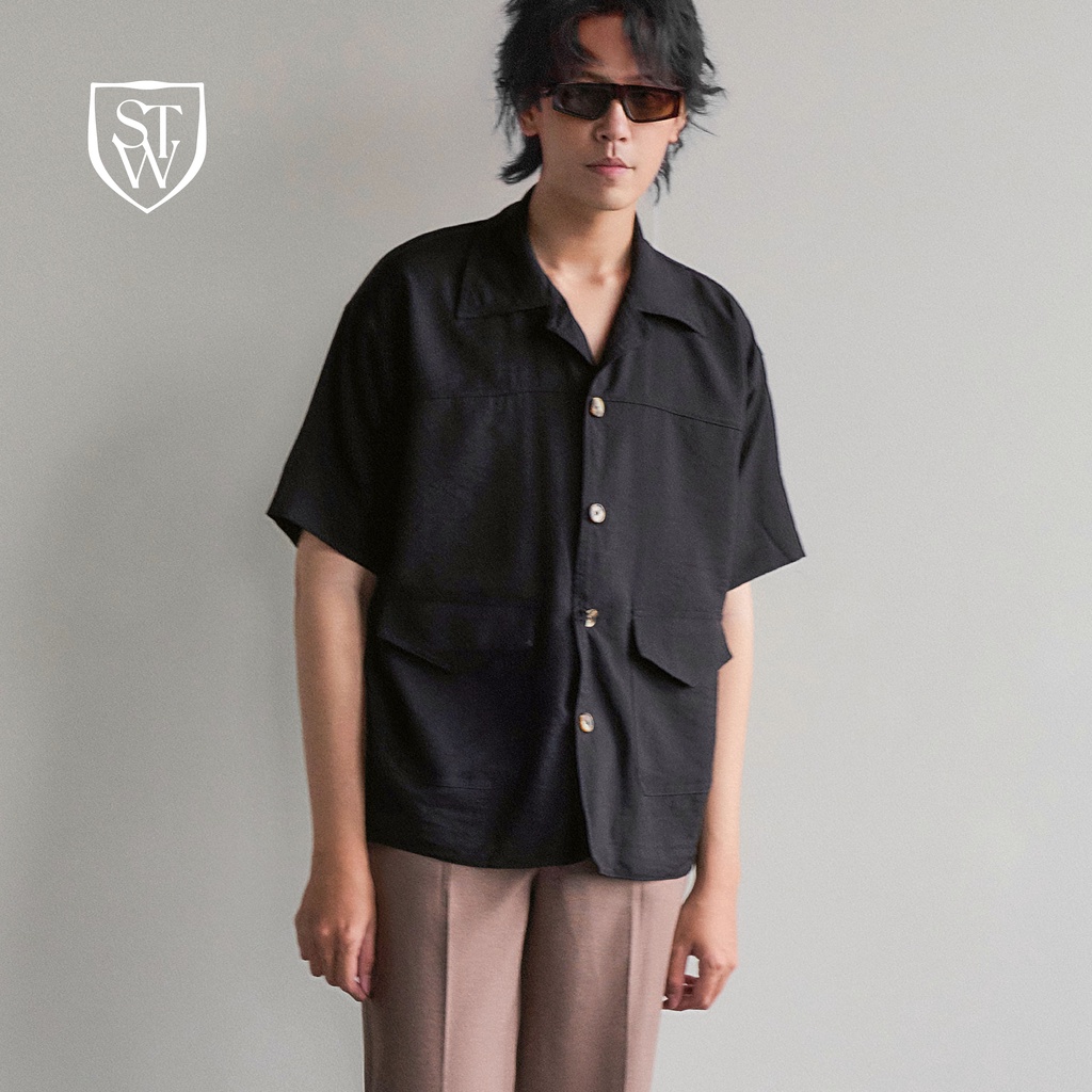 Áo sơ mi Hàn Quốc form rộng dáng pijama ngắn tay đen chất liệu đũi xước dành cho nam - Something to wear