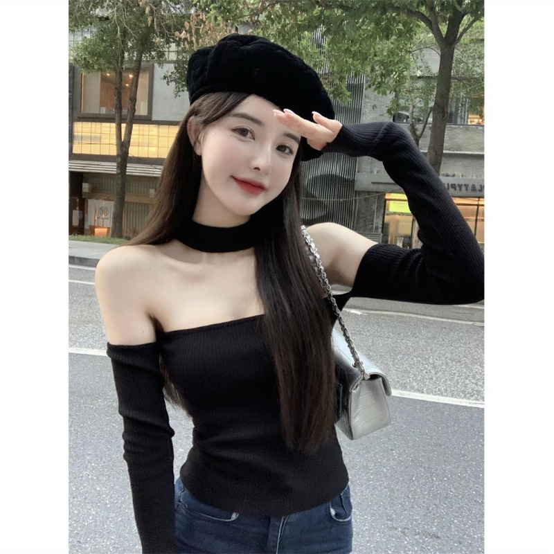 Áo dệt kim COZOKC tay dài trễ vai thiết kế quyến rũ cho nữ