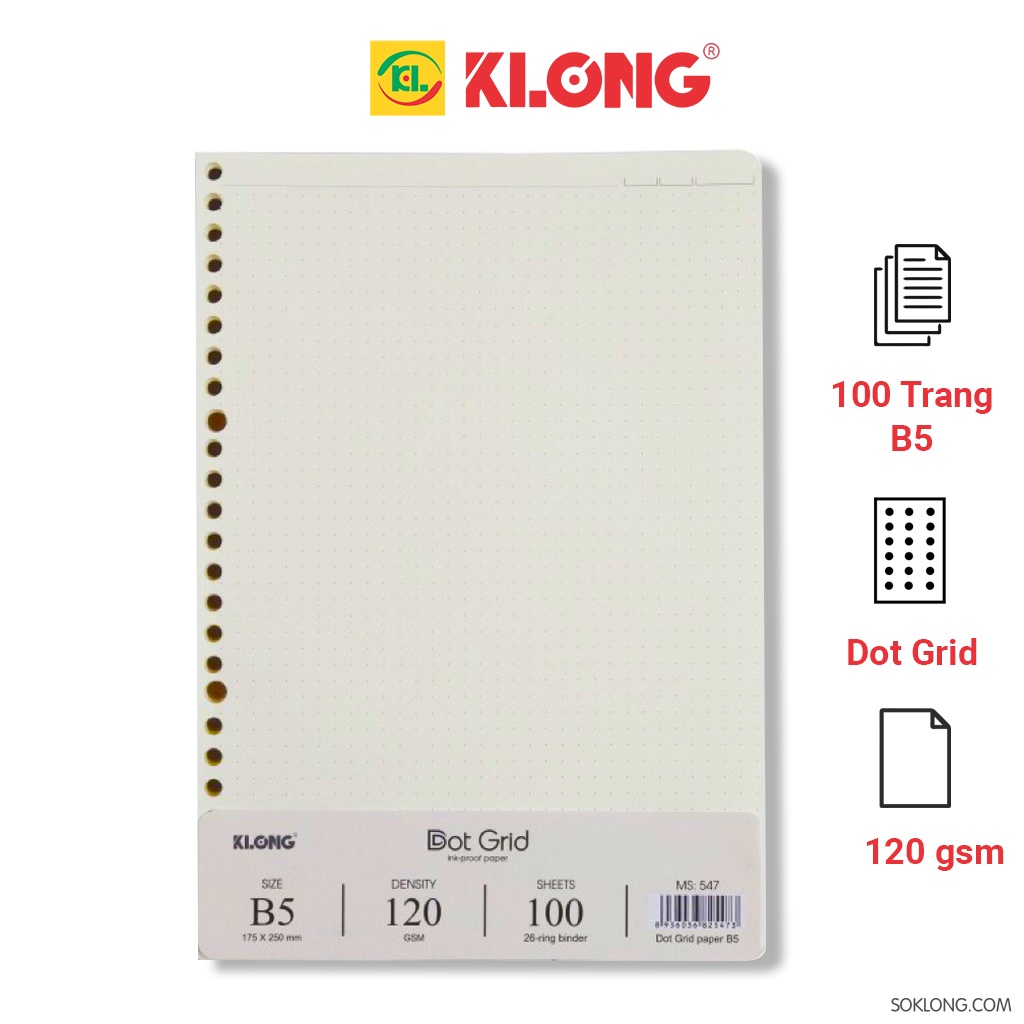 Ruột sổ còng B5 Dot Grid chấm lưới tròn Klong - 100 tờ MS 547