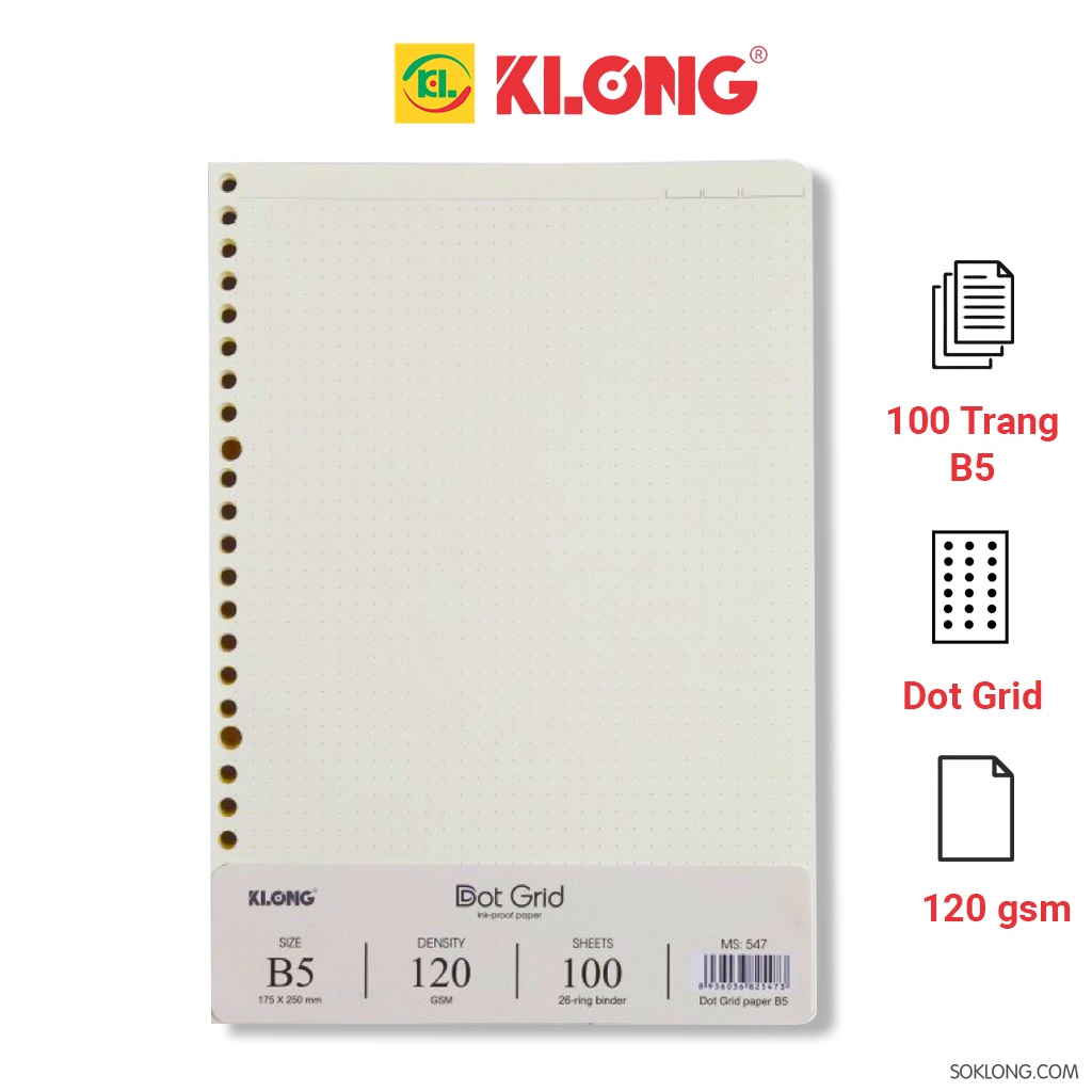 Ruột sổ còng B5 Dot Grid chấm lưới tròn Klong - 100 tờ MS 547