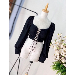 Áo Croptop Đan Dây Tay Dài Daisy (TRẮNG+ĐEN)