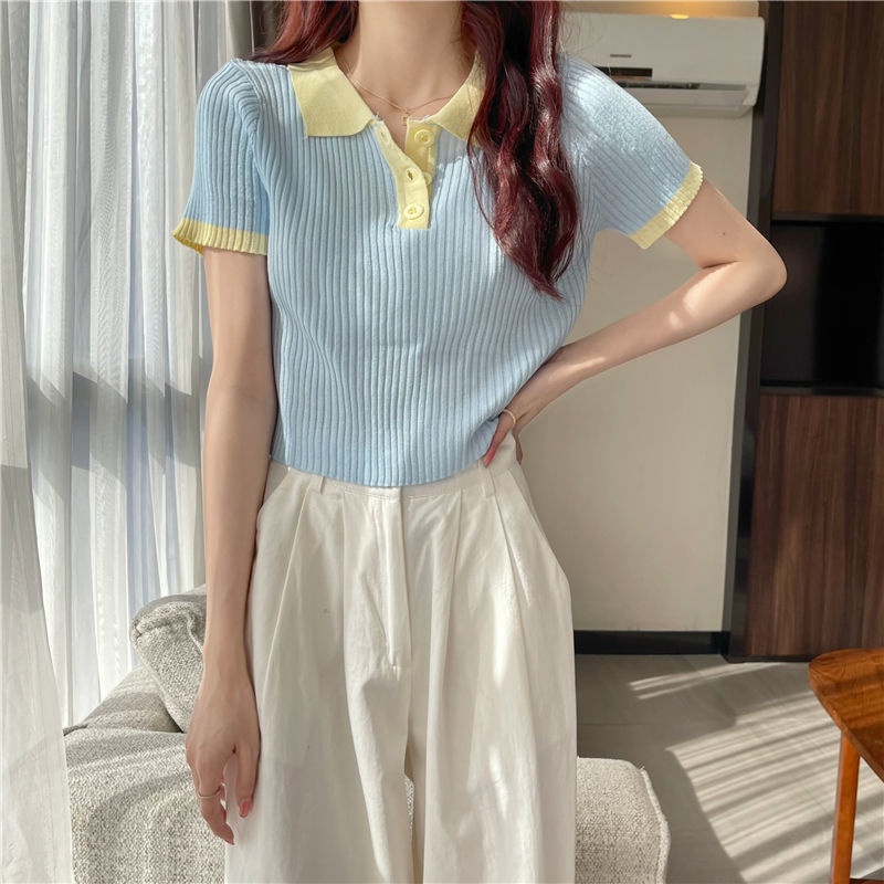 Áo thun dệt kim IELGY tay ngắn cổ polo dáng ôm thời trang cho nữ