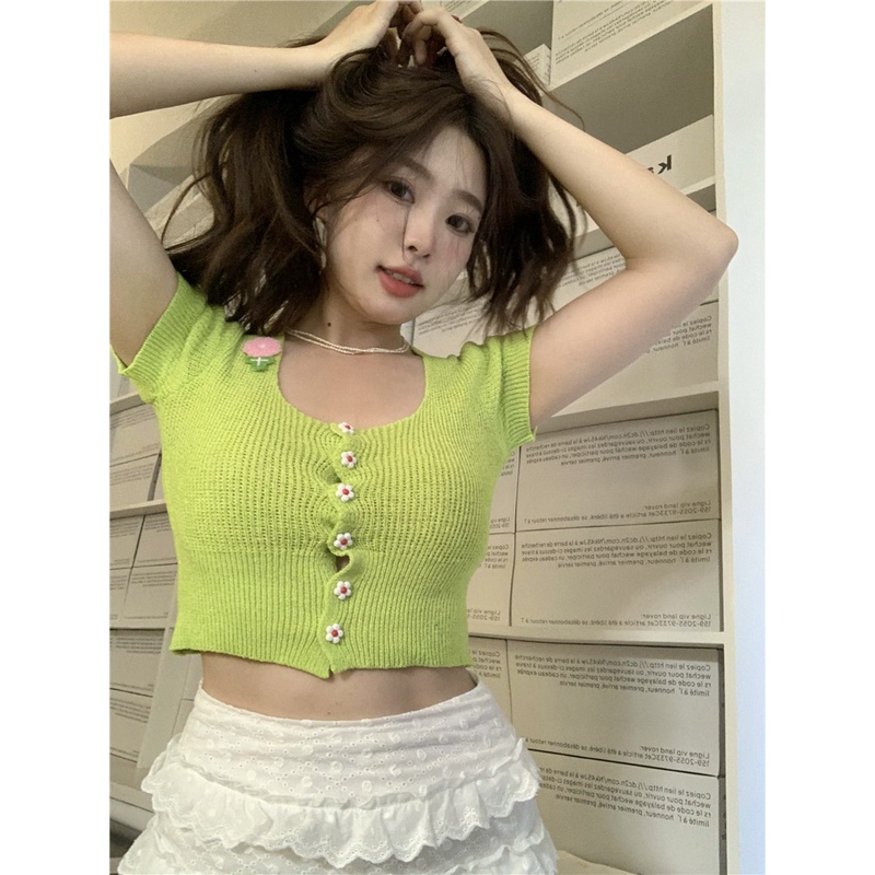 Cocory vn Áo Cardigan Croptop Dệt Kim Tay Ngắn Cổ Vuông Màu Đỏ Hồng Thời Trang Mùa Hè Quyến Rũ Cho Nữ