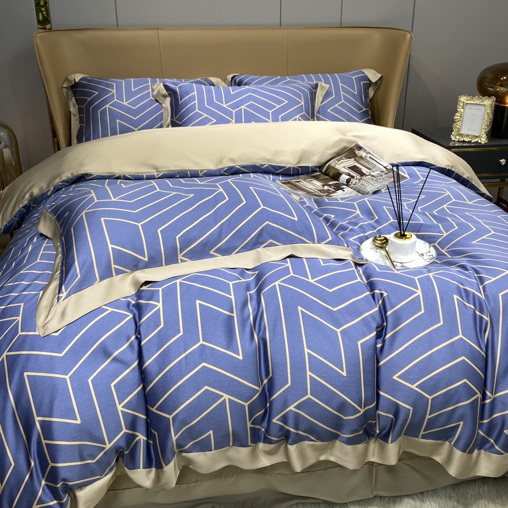Bộ chăn ga gối cao cấp 100%Tencel 100s, Họa tiết Kẻ sọc xanh dương sang trọng, chất liệu siêu mềm mịn mát