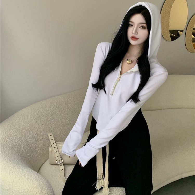COZOK Áo thun hoodie tay dài phối khoá kéo