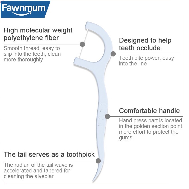 Tăm chỉ nha khoa Fawnmum sợi chỉ dày và căng vừa phải, độ ma sát cao dễ dàng làm sạch mảng bám túi 100 chiếc.
