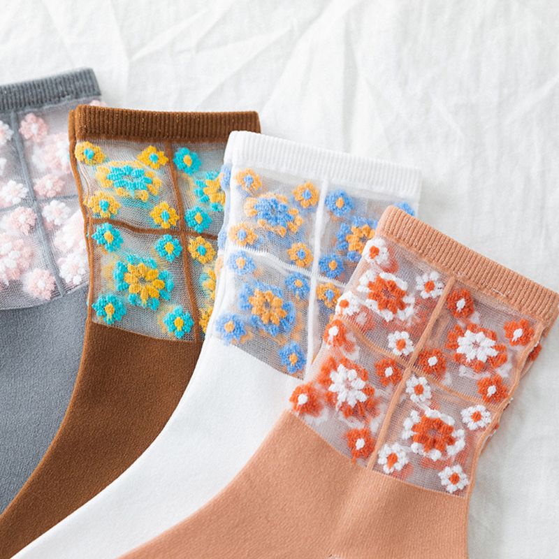 Youyo Vớ Lưới Jacquard Siêu Mỏng Xuyên Thấu Ghép Vải Hoa Cúc Dài Tới Mắt Cá Chân Phong Cách Hàn Quốc Cho Nữ