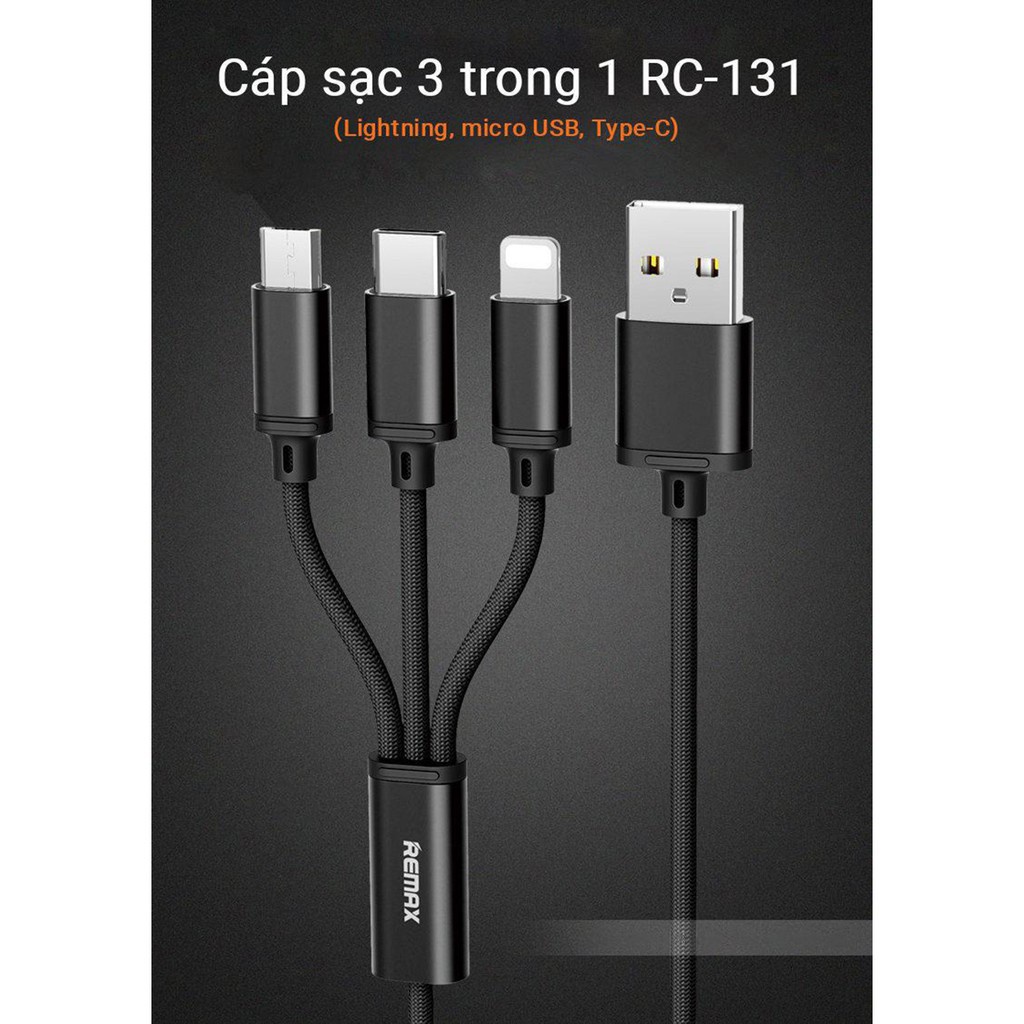 Cáp Sạc Remax 3 Đầu RC-131TH IPHONE - MICRO USB - TYPE C dây dù  FREESHIP