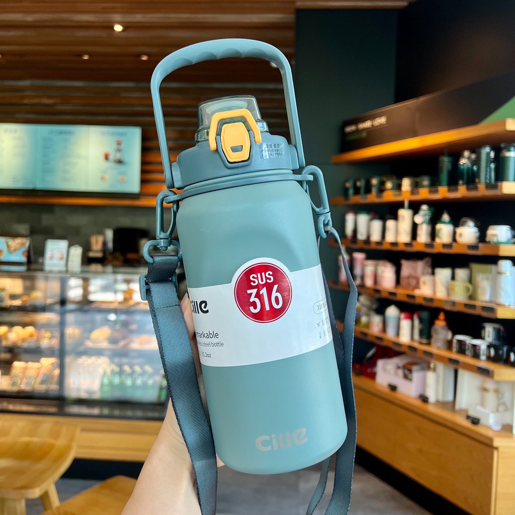 Bình Nước Giữ Nhiệt Cille 1000ml , Bình Nước Cao Cấp Có Ống Hút, Inox 316, Bình Nước Mang Đi Học