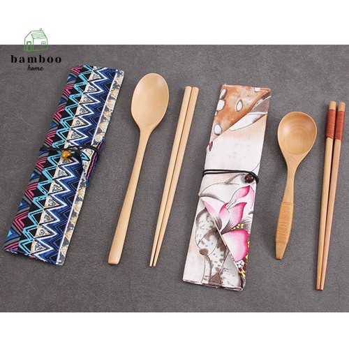 Bộ thìa đũa gỗ THE BAMBOO kèm bọc vải canvas cực xinh dành cho dân văn phòng(01 bộ)