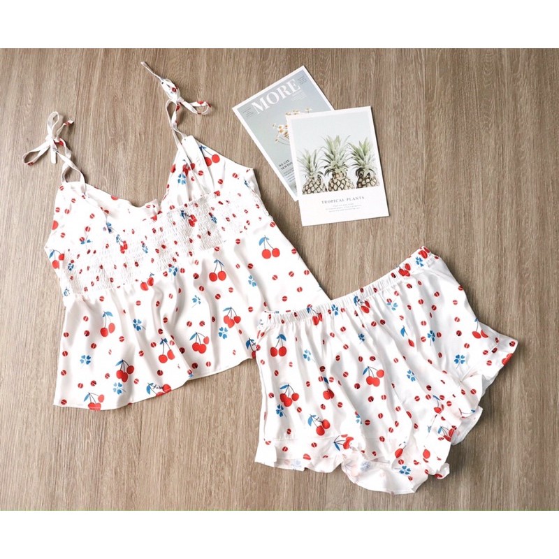 Set hai dây cột nơ áo tầng, quần đùi lụa satin cao cấp quảng châu