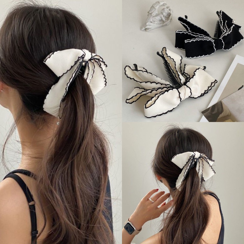 Kẹp Tóc Nơ Màu Trắng/Đen Kiểu Dáng Đơn Giản Phong Cách Hàn Quốc