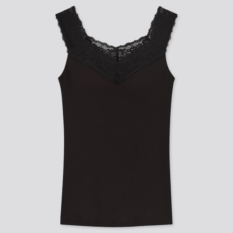 Áo ba lỗ thun tăm ren dễ thương, trang nhã liền cup ngực bra -feel giữ nhiệt Heattech của UNIQLO