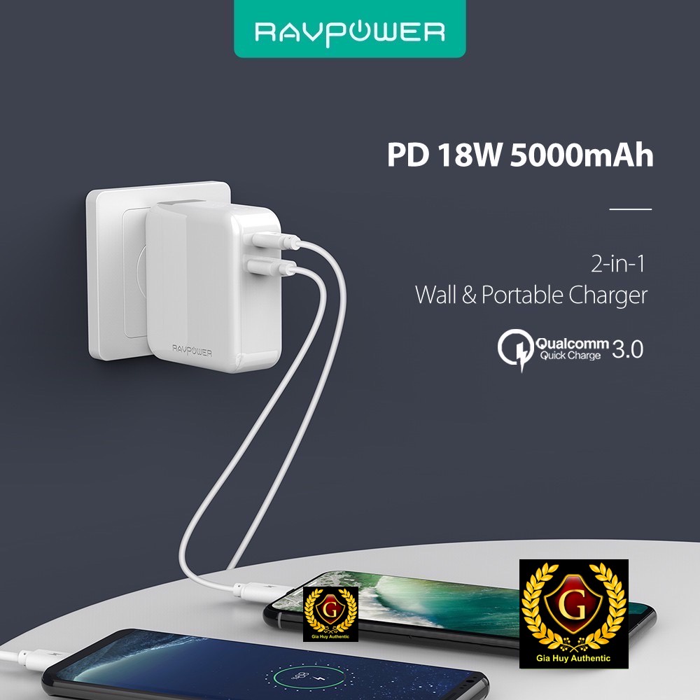 Pin sạc dự phòng KIÊM Củ sạc tường RAVPOWER RP-PB101 2-in-1 5000mAh PD 3.0 18W & QC 3.0 18W