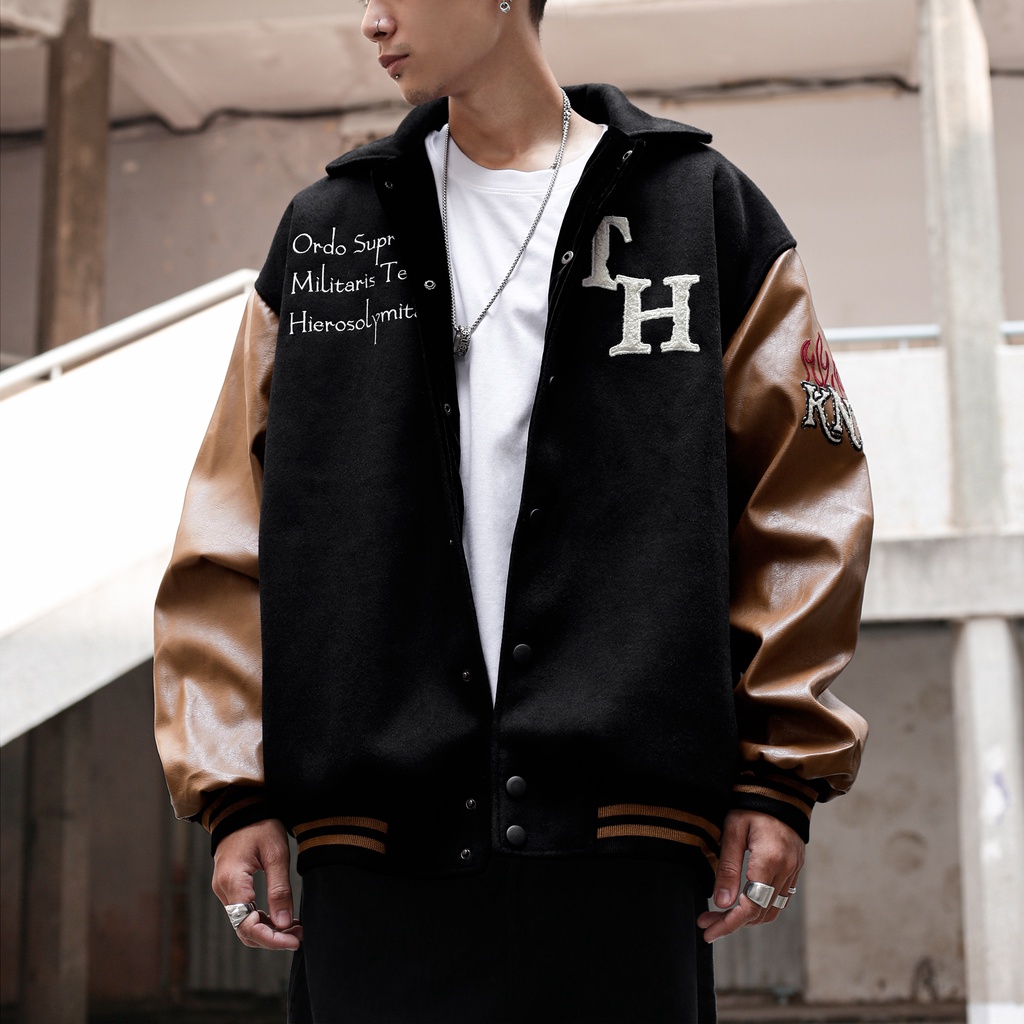 Áo Khoác Varsity Jacket Chất Liệu Dạ Tay Nâu Da Dày Dặn Cổ Bẻ Form Rộng Thoải Mái Unisex Hình Thêu Sắc Nét Màu đen