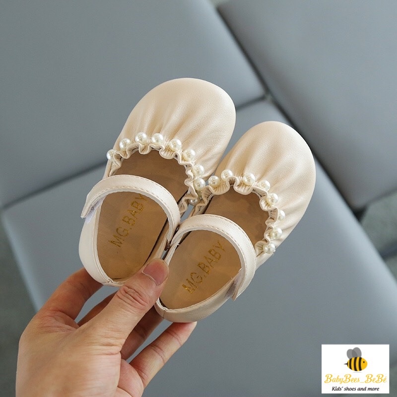 Giầy búp bê đính hạt cho bé gái (V591) Form nhỏ (hồng, đen, trăng) - giầy bệt có quai dán cho bé (sz21-sz30)