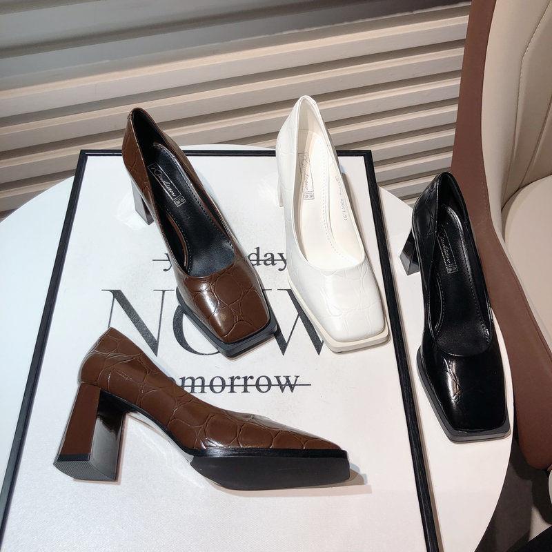 Giày Cao Gót Mũi Vuông Màu Nâu Phong Cách Hàn Quốc Thời Trang 2021 Cho Nữ