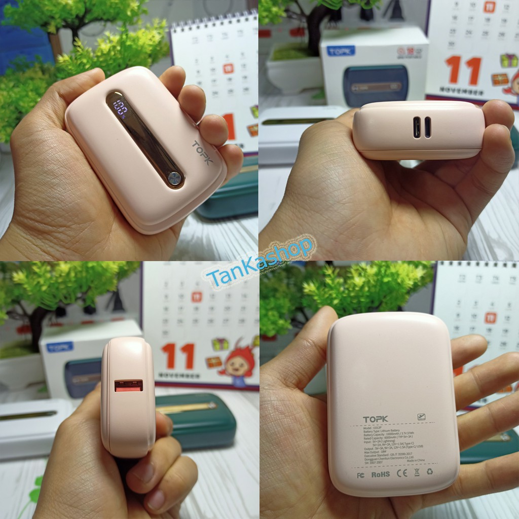 Pin Sạc Dự Phòng Siêu Mini Topk I1012P 10.000mAh, Sạc Nhanh PD 18W, QC 3.0, Có input Lightning