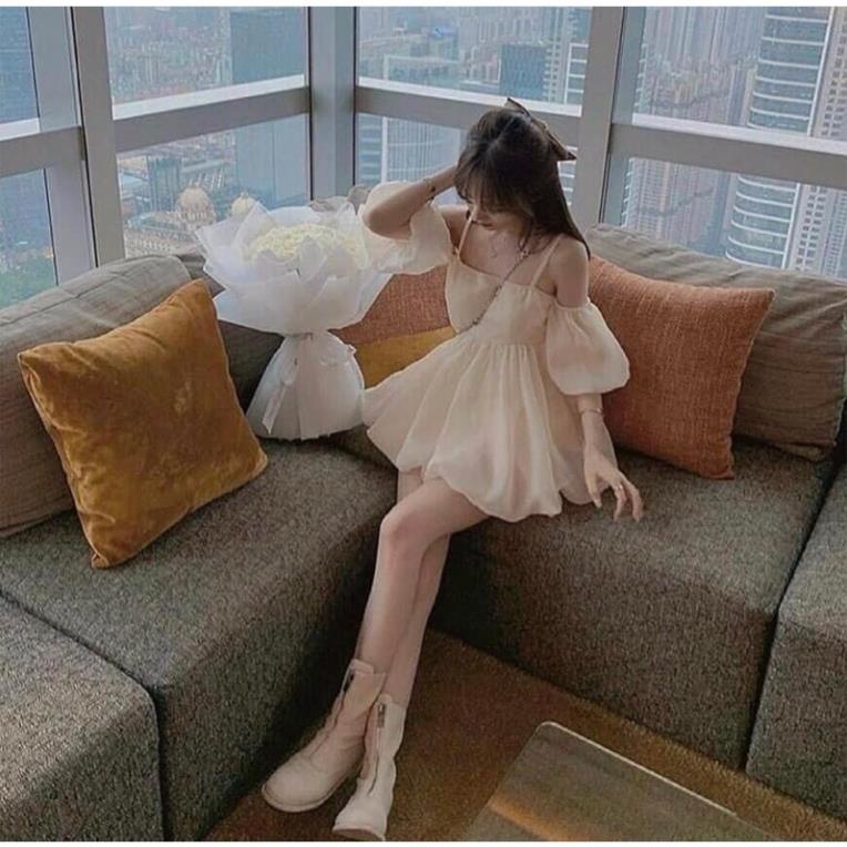 Váy Trễ Vai 2 Dây Bèo Trắng 2 Lớp Dáng Xoè - Đầm Babydoll Màu Be Trẻ Trung Tay Phồng Phong Cách Tiểu Thư Nữ Tính