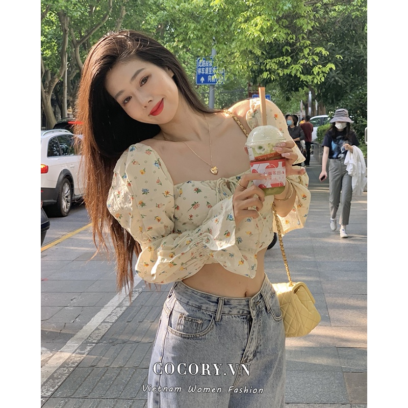 Cocory vn Áo sơ mi tay ngắn in hoa đáng yêu thời trang Hàn Quốc cho nữ